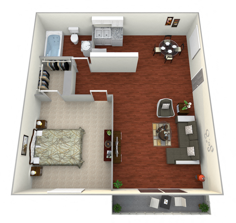 Floor plan for 1 bed, 1 bath, 750 sqft